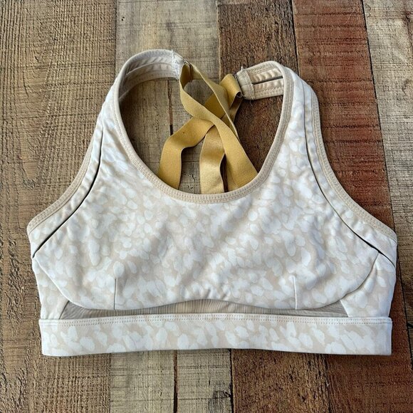 Fabletics Light Beige & White Patterned Sports Bra With Gold Straps - Picture 1 of 6